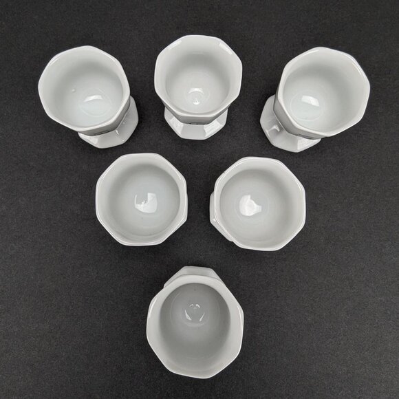 Vintage White Ceramic Egg Cups Set of 6 Breakfast Dining 13 EI Sideways on Cup - Picture 2 of 7
